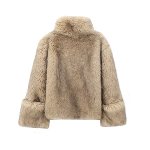 Back view of a chic beige faux fur coat featuring a high collar and plush texture