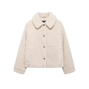 Women's Casual Sherpa Fleece Jacket Warm Teddy Coat Loose Fit Solid Color Lapel Short Outwear For Autumn Winter Daily Wear