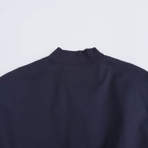 Women's navy blue short baseball jacket with ribbed collar detail and smooth fabric