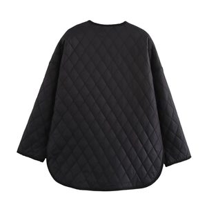 Women's black quilted jacket with diamond pattern and curved hem for autumn winter style