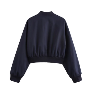 Cropped bomber jacket for women featuring a minimalist back view and ribbed trims