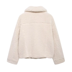 Back view of cream fleece jacket with sherpa texture and oversized collar for winter