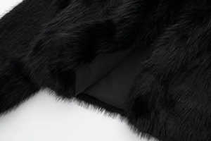 Detail showing high-quality black long-fiber faux fur texture and smooth inner lining fabric
