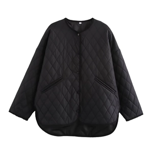 Women's black quilted diamond jacket with snap buttons and high-low curved hemline