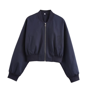 Women street fashion short dark blue bomber jacket with silver zipper and ribbed trim