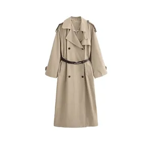 Trench Classico a Doppiopetto da Donna Con Cintura Elegante Rever Manica Lunga Giacca a Vento Khaki Capispalla