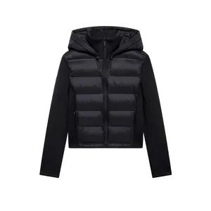 Women Hooded Spliced Quilted Jacket Casual Padded Coat Patchwork Streetwear Zipper Front Outerwear For Autumn Winter Black