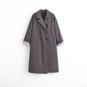 Cappotto Donna Elegante Lunghezza Media Testura di Lana Doppio Petto Revers Grigio Tinta Unita Trench Polsini a Righe Invernale Calda Giacca