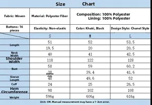 Detailed size guide for women fashion street style jacket showing S M L dimensions in cm