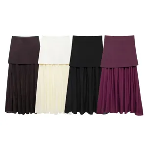 Women Knitted Pleated Patchwork Midi Skirt High Waist Elegant A-Line Solid Color Fashion Autumn Winter Casual Warm Skirt