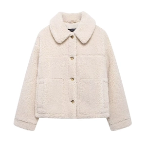 Women's oversized beige teddy fleece jacket with lapel collar and button closure