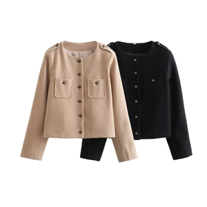 Detailed close-up showing khaki and black wool jacket pockets with gold metal buttons