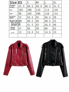 Detailed size chart for women faux leather biker jacket with multiple measurements