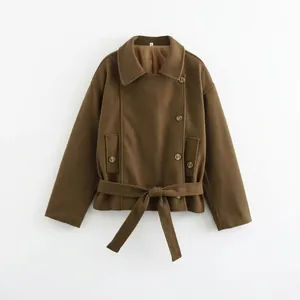 Women's Fashion Asymmetric Lace-up Woolen Coat Winter Lapel Double Breasted Short Jacket Dark Brown Commuter Warm Outwear