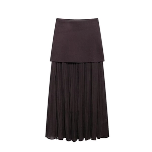 Women's 2024 autumn dark brown knit pleated patchwork maxi skirt on white background