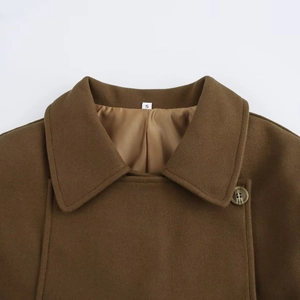 Brown wool pea coat with stand collar and marble button detail for autumn winter season