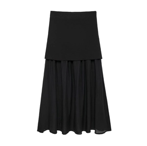 Women's black high waist knit skirt with stylish pleated patchwork design for autumn
