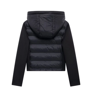 Women's black hooded quilted jacket featuring a stylish mixed-fabric back view design