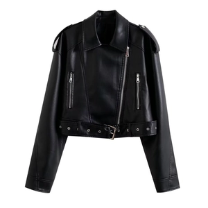 Detail of a black faux leather biker jacket with asymmetric zipper and adjustable belt