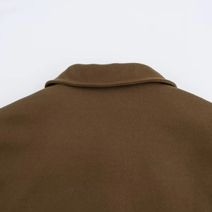 Brown wool coat with stand collar and asymmetric tie detail for women 2024 fashion