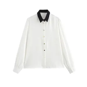 Camicia a Maniche Lunghe Patchwork a Colori a Contrasto da Donna Top Elegante con Revers e Monopetto