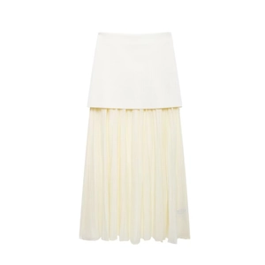 Women knit pleated patchwork long skirt in white and light yellow elegant style