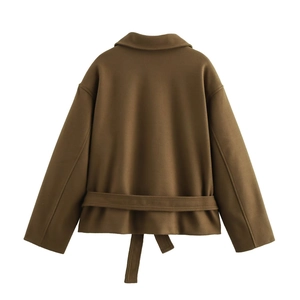 Back view of brown short wool coat with dropped shoulders and matching waist belt