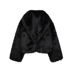Women Fashion Faux Fur Jacket Winter Thick Warm Long Sleeve Lapel Collar Single Breasted Short Coat Streetwear Solid Black Cardigan