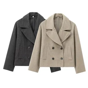 Cappotto Corto in Lana da Donna Doppiopetto Colletto a Revers Capispalla Stile Streetwear Tinta Unita Patchwork Giacca Invernale
