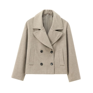 Cappotto corto in lana beige da donna con doppio petto e colletto classico a rever