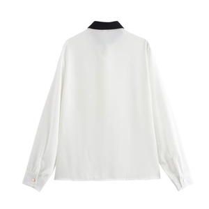 Camicia da donna a maniche lunghe con colletto a contrasto nero e retro bianco