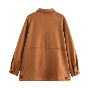 Women's brown suede-textured lapel jacket with drop shoulder and back buckle detail