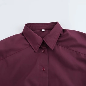 Dark burgundy long sleeve button-down shirt with classic pointed collar and raglan sleeves