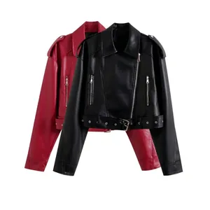 Women's Faux Leather Motorcycle Jacket Short Biker Coat With Belt Lapel Diagonal Zipper Street Fashion Fall Winter Outwear