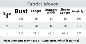 Detailed size chart for the single-breasted woven jacket including bust and shoulder specs