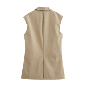Vista posteriore di un gilet blazer senza maniche kaki con colletto a rever e spacco da donna