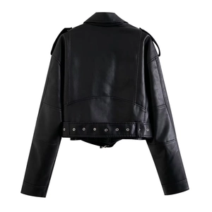 Women's black faux leather biker jacket with shoulder epaulettes and belted hem detail