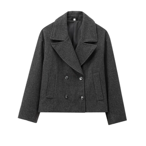 Cappotto corto da donna in lana grigio scuro con colletto a revers e doppio petto