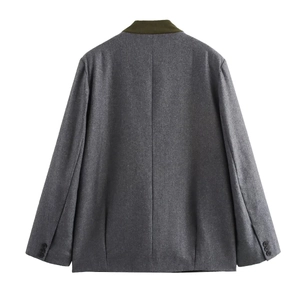Women Elegant Dark Gray Contrast Collar Suit Jacket Single Breasted Woolen Texture Long Sleeve Blazer For Autumn Winter