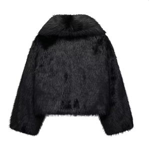 Women's chic black faux fur jacket with wide lapel collar and long sleeves for autumn