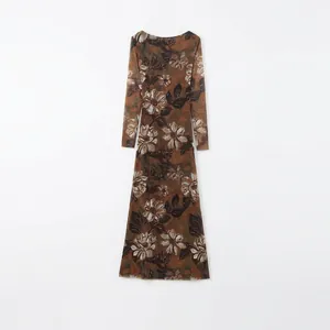 Women Vintage Long Sleeve Backless Floral Mesh Dress Elegant Cowl Neck Criss Cross Straps Maxi Spliced Printed Bodycon Dress