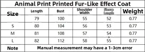 Tableau détaillé des tailles pour manteau en fausse fourrure à imprimé animalier chic