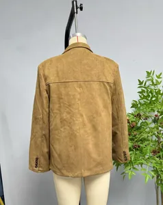 Detail view of tan faux suede jacket back with decorative buttons on sleeve cuffs