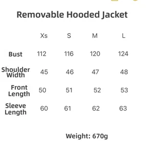 Size chart for women short hooded puffer jacket showing XS to L dimensions and weight