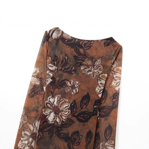 Vintage floral print long sleeve mesh dress for women with open back and brown floral pattern