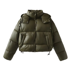 Detail of olive green hooded puffer jacket featuring adjustable drawstring and metal snap buttons