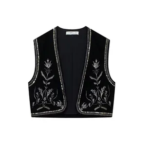 Gilet Donna Vintage Ricamato in Velluto Senza Maniche con Paillettes Aperto Davanti Stile Etnico Retro Scollo a V Top