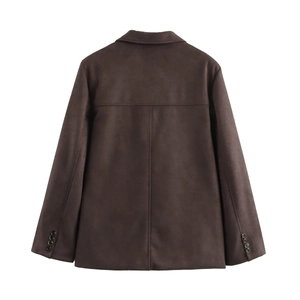 Rear view of dark brown suede jacket showing T-shaped stitching and buttoned cuffs