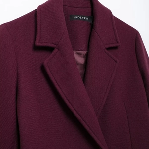 Chic burgundy wool blend coat for women featuring a classic notched lapel and soft lining