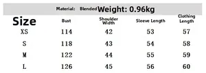Detailed size chart for faux fur jacket showing bust, shoulder, and sleeve measurements